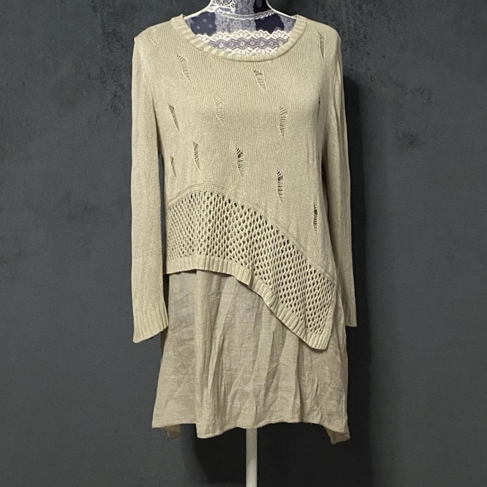 Selfie Couture by Trendology Tunic Sweater Dress Women L Beige Layered Lagenlook